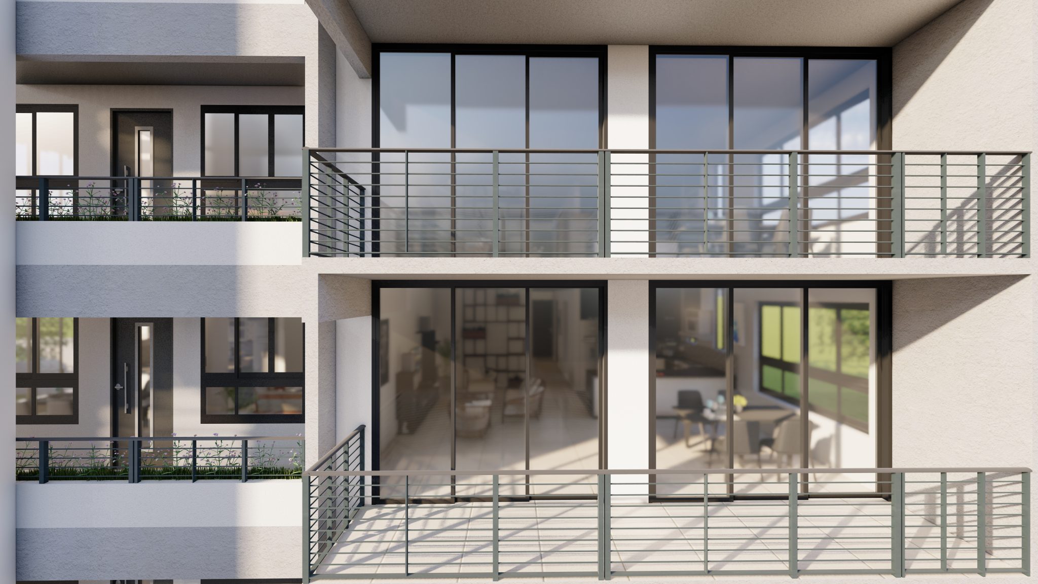 RENDER DEL PROYECTO FRONTAL CON VISTA AL SEGUNDO Y TERCER PISO